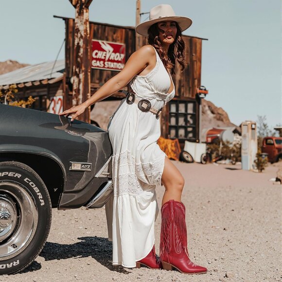 Women's Red Fringe Knee High Cowgirl Western Boots with Embroidery Pointed Toe - Picture 5 of 6